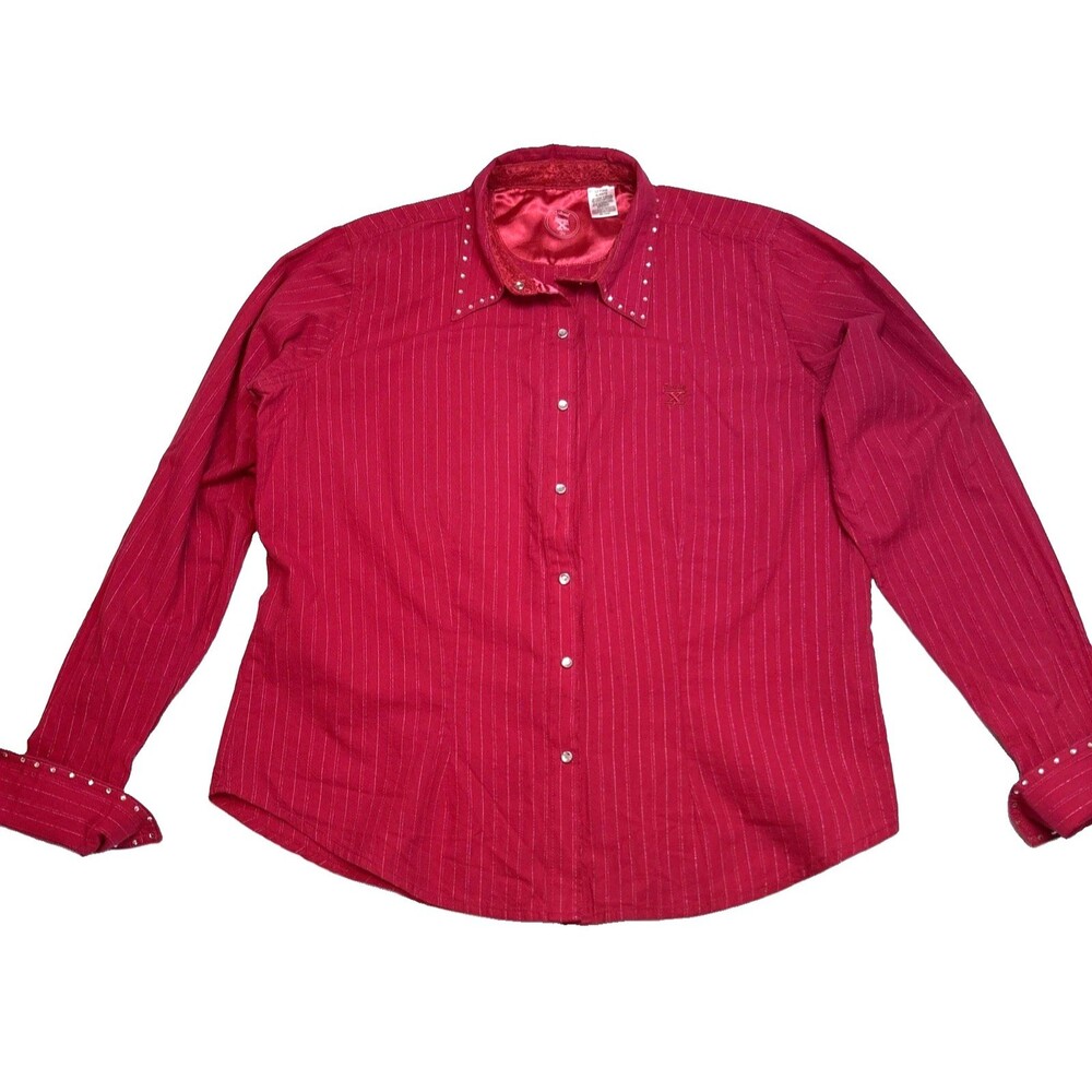 Twenty X Fit Womens XL Red Metallic Stripe Rhinestone Snap Up Western Cowgirl